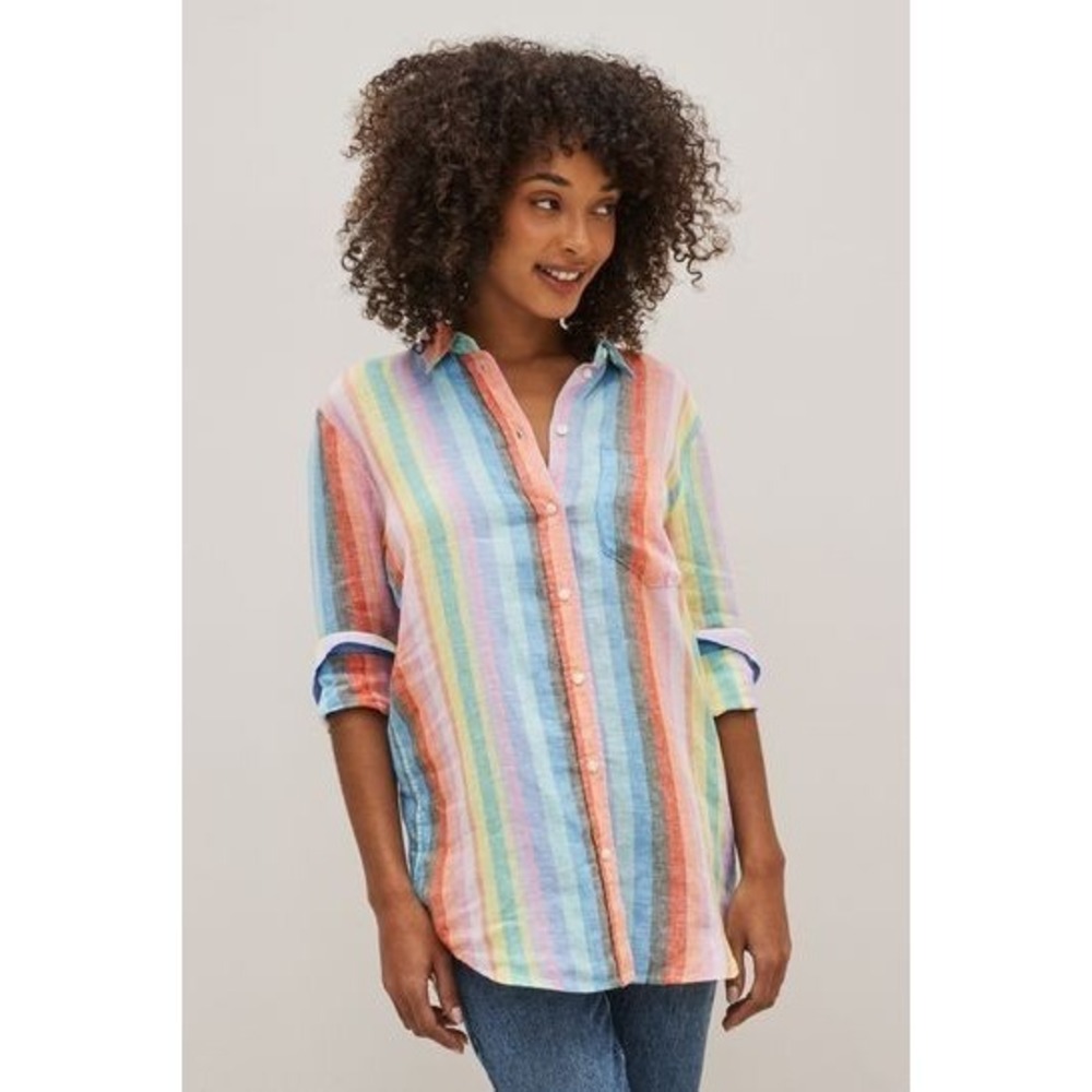 GAP 100% Linen Boyfriend Shirt Striped Button Down Women's Size XXL Coastal Vaca - Picture 3 of 14